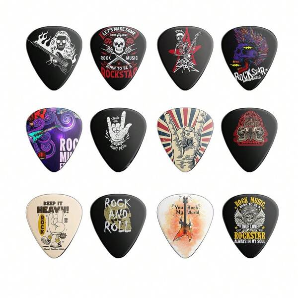 12pcs Guitar Picks Set In Metal Tin - 0.46/0.71/0.96mm Thickness Options, 12 Unique Designs, Rock Themed Instrument Accessories, Ukulele, Bass, Electric Guitar Picks, Gifts For Music Lovers With Vibrant Designs