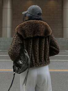 Women's Autumn And Winter Jacket, Large Fur Collar Cozy Fit Dating With Zip Leopard Print Coat - Leopard - View 2