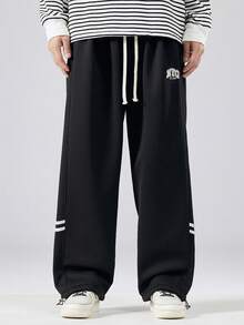 Pantalones de chándal con forro térmico para hombres de talla grande, pantalones rectos con cordón y bordado de sherpa, adecuados para invierno y otoño - Negro - Ver 2