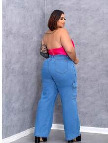 Wide Leg Cargo Jeans Plus Size Clear Simple Elegant Casual Cargo Jeans Plus Size Travel - Blue - View 2