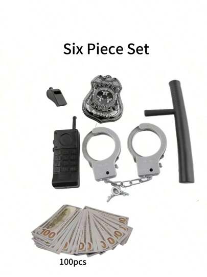 6pcs Halloween Costume Cosplay Props, Uniform, Simulated Role Play, Fake Currency Handcuffs Walkie-Talkie Badge Whistle Props (Walkie-Talkie Model Random) (Currency Color Random), Holiday Party Decorative Props