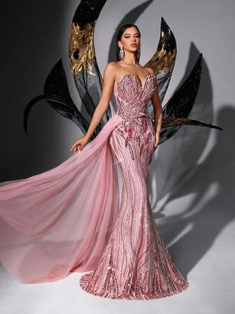 Vestido de fiesta con estilo de hada, con lentejuelas rosas, sin tirantes y con cordones, para graduación, gala, fiesta de compromiso