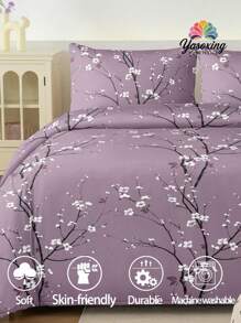 2/3件套紫色双面梅花印花被套套装（不含枕芯），透气超柔软，四季皆宜（1件被套+1/2件枕套，不含枕芯），柔软双色设计，适用于卧室、客房、宿舍，可机洗，尺寸选择：特大号、大号、标准双人、单人，适用于宿舍、返校季等。