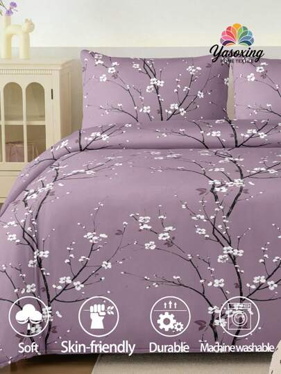 2/3件套紫色双面梅花印花被套套装（不含枕芯），透气超柔软，四季皆宜（1件被套+1/2件枕套，不含枕芯），柔软双色设计，适用于卧室、客房、宿舍，可机洗，尺寸选择：特大号、大号、标准双人、单人，适用于宿舍、返校季等。