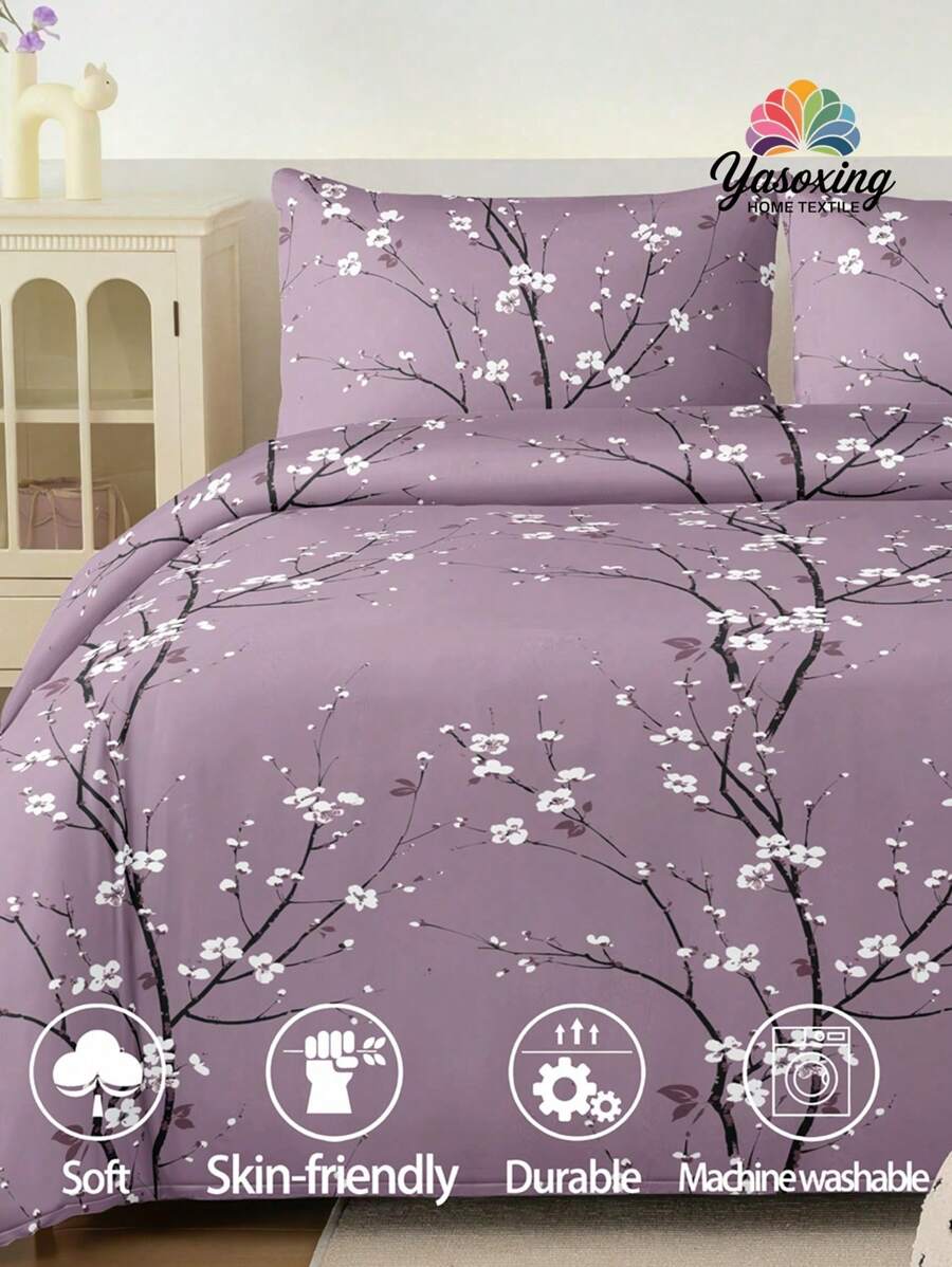2/3件套紫色双面梅花印花被套套装（不含枕芯），透气超柔软，四季皆宜（1件被套+1/2件枕套，不含枕芯），柔软双色设计，适用于卧室、客房、宿舍，可机洗，尺寸选择：特大号、大号、标准双人、单人，适用于宿舍、返校季等。