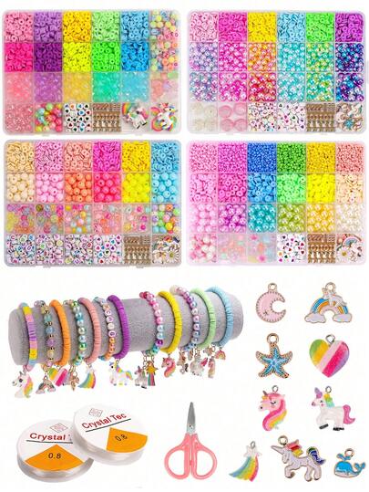 Set de cuentas de arcilla polimérica, cuentas de vidrio y cuentas acrílicas para niños, con diseños de unicornio, flor, concha, estrella de mar, lazo, paleta, luna y corazón. Kit de joyería DIY y manualidades, regalo adecuado para Navidad y manualidades hechas a mano.