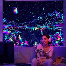 Local Shipping 2025 New   Black And White Tapestry Starry Night Mountain Tapestries For Bedroom Aesthetic Moon And Stars Tapastry's Wall Hanging Dark Nature Forest Wall Tapestry For Living Room Dorm (48'' * 36'') - 黑暗的 - 查看 7