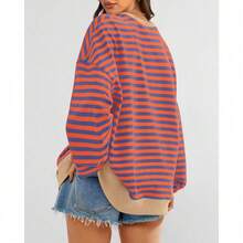 Womens Oversized Striped Sweatshirt Crewneck Long Sleeve Pullover Top Casual Y2K Spring Clothes 2026 Workout Shirt,Vacation Outfits Women,Valentine Outfits For Women,Street Photography - Blue Orange - 查看 3