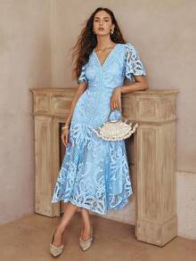 女士春夏新款优雅纯色蕾丝V领不对称下摆长连衣裙，派对礼服，生日礼服，晚礼服 - 藍色 - 查看 4