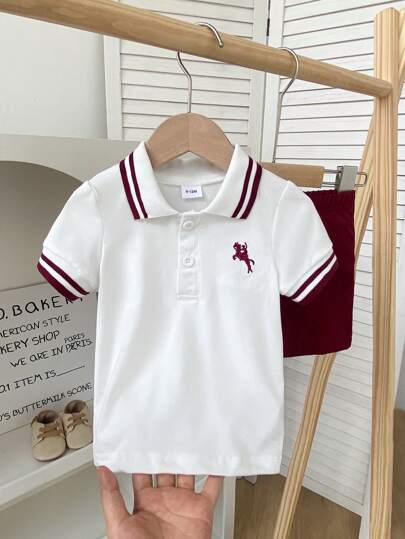 2 piezas Conjunto de niño bebé de verano con top de manga corta de cuello de solapa a rayas y shorts versátiles, adecuado para uso diario, deportes, transporte y escuela