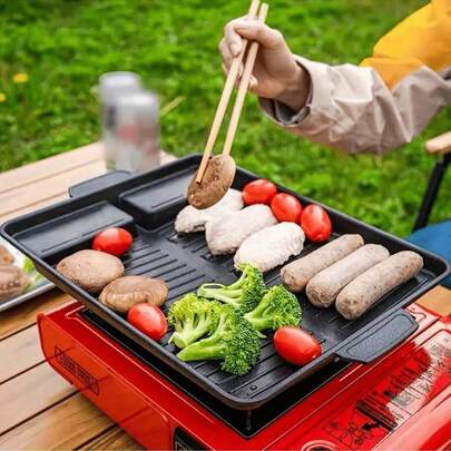 1pc Nonstick Rectangular Grill Pan, Smokeless Stone Baking Tray, Suitable For Indoor/Outdoor Grilling, Oven Tray, Restaurant Supplies, Outdoor Cooking, Easy To Clean, Large Capacity, Portable, Great For Barbecue, Camping And Picnics, Kitchen Accessories, Grill Accessories, Cookware Accessories, Applicable For Outdoor Patio, Gathering, Picnic, Camping, Outdoor Grilling, Garden Decor, Party Supplies, Party Tableware, Wedding Supplies, Etc.