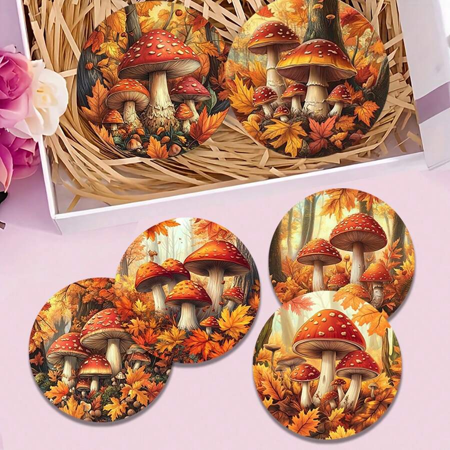1套/4件/6件/300件秋季蘑菇枫叶图案硅藻泥杯垫，咖啡杯垫，家居和餐厅多场合装饰品，日常礼品，餐桌装饰，日常装饰，主题派对装饰 - 彩色 - 查看 1
