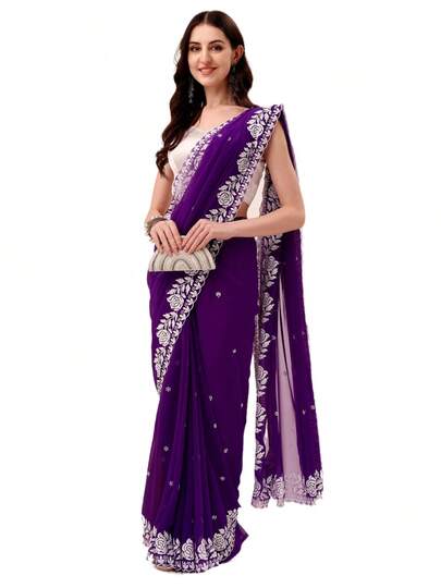Women's Georgette Embroidery Border Work Designer Saree With Blouse Piece(Purple)