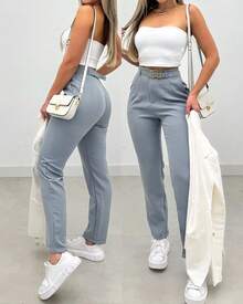 Tailored Trousers With Simple Lined Belt - 灰色 - 查看 3