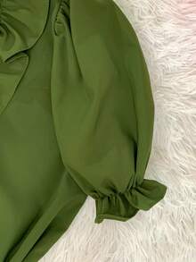 SHORT SLEEVE PUFFED DRESS TOP WITH RUFFLE AND BOW, WOMEN'S FASHION - Army Green - View 5