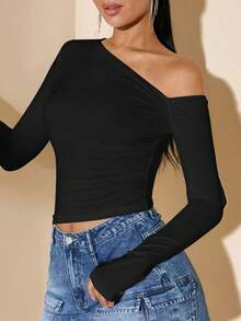 Women's Minimalist Asymmetric Shoulder Long Sleeve Fitted T-Shirt Top, Everyday Wear, Fall/Winter - 黑色 - 查看 6