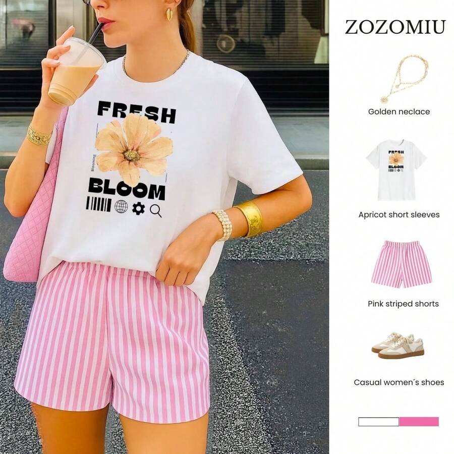Conjunto Estilo Urbano Floral con Playera Oversize FRESH BLOOM y Shorts Rosados a Rayas para Mujer Moderna Floral Letras A rayas Casual Ninguno Casa - Blanco - Ver 1
