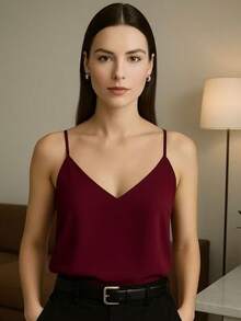 Women's Tank Top With Adjustable Straps, Basic Crepe V1 Collar, Various Colors, D-32 - 酒紅色 - 查看 2