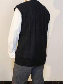 Plus Size Men's Solid Color V-Neck Casual Knit Sweater Vest, Suitable For Spring, Autumn And Winter