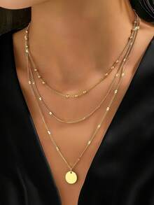 1 件银色多层链项链，带几何空心五角星吊坠，分层设计，适合女性、日常佩戴、节日、派对、礼物 - 銀色 - 查看 5