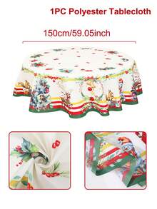 1Pc Christmas Theme Polyester Tablecloth,Round Diameter 150cm,Christmas Decor Tablecloth,Christmas Tree Snowman Reindeer Pattern Holiday Table Cover,Merry Christmas,Christmas Decoration For Home,Christmas Holiday Table Center Decor,Christmas Party Supplies,Christmas Gift,Holiday Party Favor,Xmas Decor