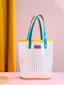 1个大号女士沙滩手提包，防水防沙，带拉链口袋，女士游泳包，彩色条纹装饰，适合存放洗漱用品、化妆品、收纳物品，也适合学校、大学、宿舍、邮轮旅行、沙滩必备品、沙滩巾收纳、沙滩配件、夏季度假必需品。 - 彩色 - 查看 10