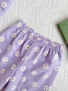 2pcs Girls Daisy Print Blue Plaid Top And Pants Set, Summer