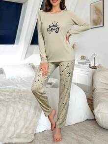 Mirano Slogan Print Short Sleeve Top & Cherry Pattern Long Pants Pajama Set - Grey - View 5