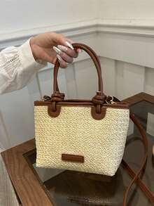 Bolso de paja tejida y bolso de hombro de estilo de playa de vacaciones 2025, elegante bolso de cesta con nudo de cuerda - Marrón - Ver 3