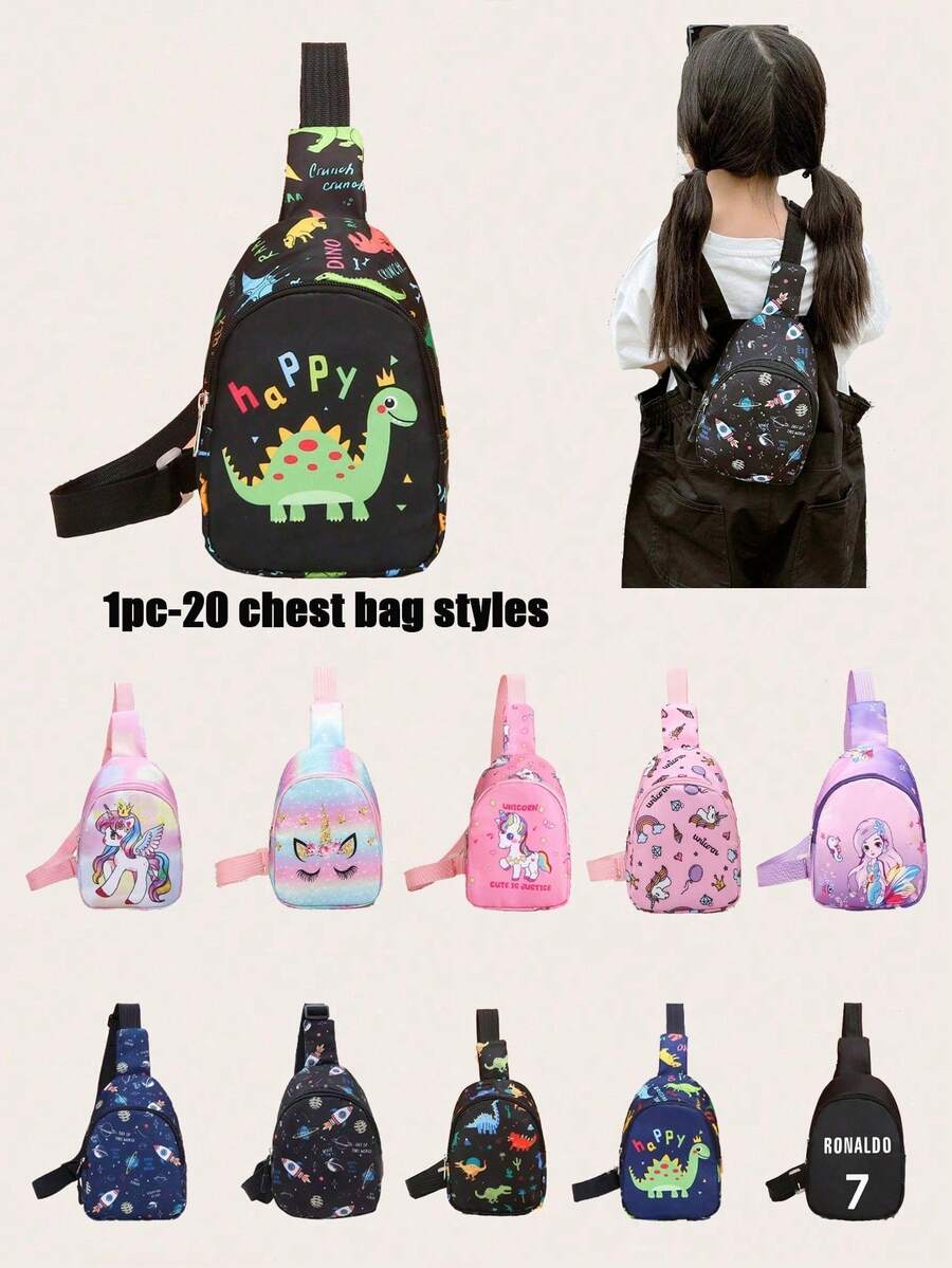 1 pieza Mini bolso de pecho/bandolera/monedero lindo de cierre con cremallera de nailon con diseños de unicornio/sirena/dinosaurio/espacio, adecuado para uso diario - Bolso de pecho con estampado de dibujos animados - Ver 1