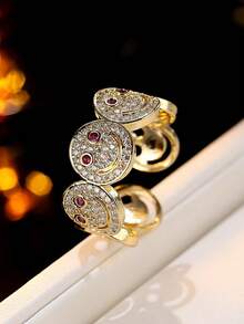 1 buc Inel decorativ minimalist la modă, rotund, cu față zâmbitoare, placat cu cupru, aur, zirconiu cubic, potrivit pentru ținute de petrecere pentru femei