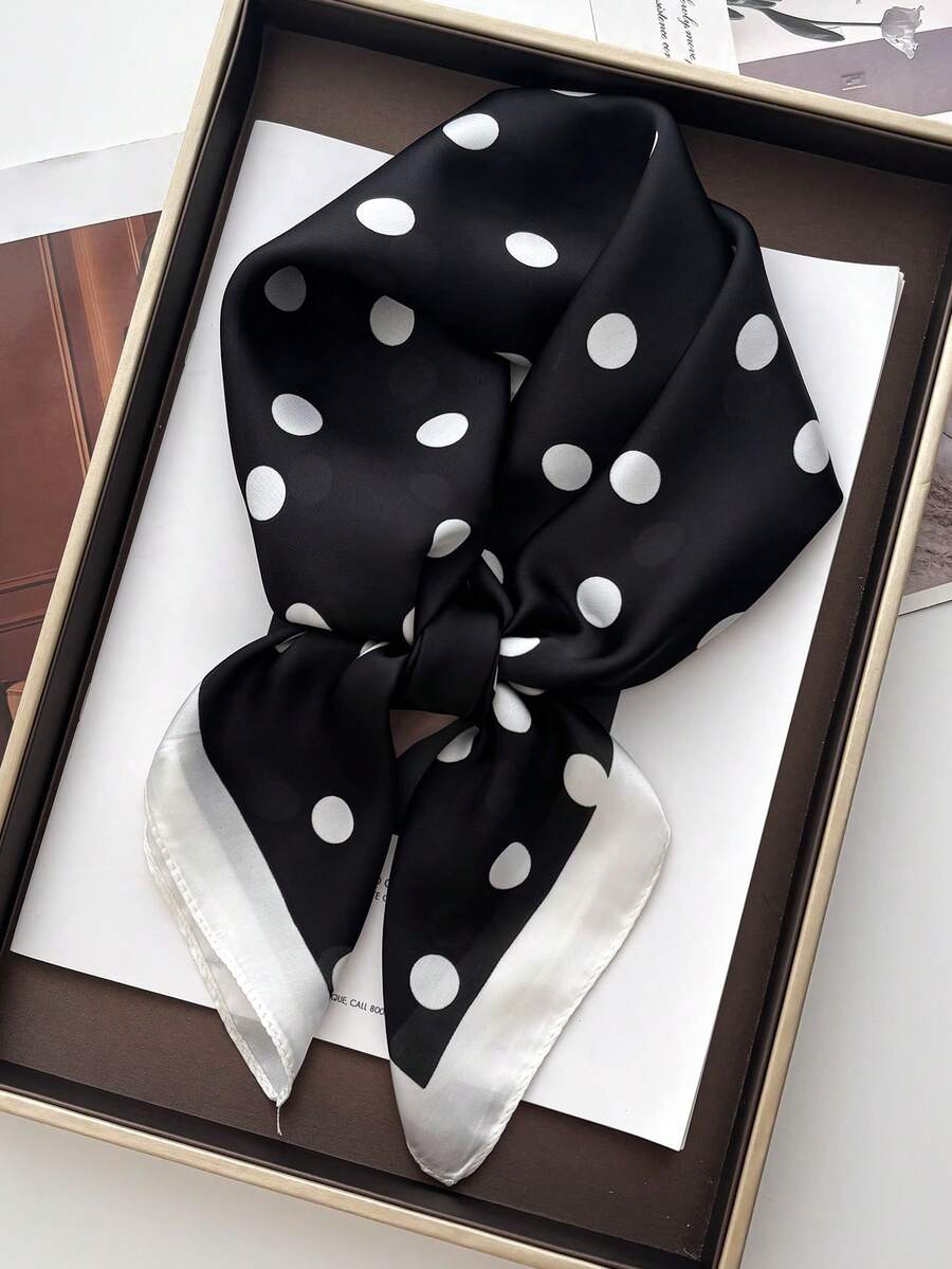 1条70*70厘米方形真丝围巾，女士缎面印花头巾，颈巾，发带，时尚女士披肩，围巾 - 黑波點 - 查看 1