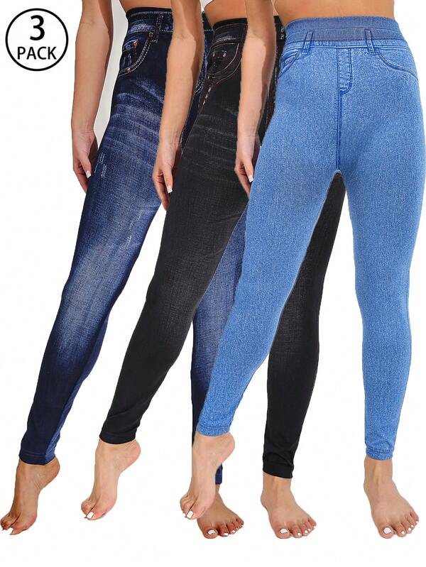 1 حزمة سراويل نسائية أنيقة ضيقة، تصميم جينز مزيف باللونين الأسود والأزرق، سراويل ضيقة ناعمة ومريحة عالية المطاطية، مناسبة للياقة البدنية والجري والأنشطة الخارجية والتنقل والحفلات والملابس اليومية - خريف/شتاء