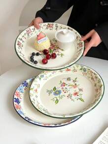 1pc Enamel Flower Pattern Plate, High-Quality Ins Style Breakfast/Dessert/Fruit Plate, Floral Design Enamel Dish For Home Use