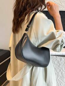 简约新月形 PU 皮革女士单肩包，时尚腋下包，适合女性购物、约会、送礼和日常使用 - 黑色 - 查看 1