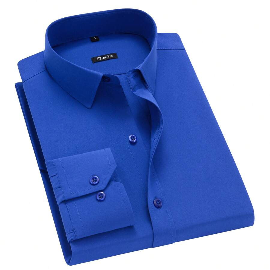 Men's Long Sleeve Dress Shirt, Good Quality, Slim Fit, Microelasticity - Royal Blue - View 1