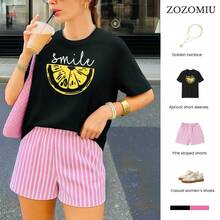 Conjunto "Smile & Citrus Vibes" con Camiseta Oversize de Limón Amarillo y Short a Rayas Rosa – Estilo Refrescante y Positivo para tu Día a Día  Floral  Letras  A rayas    Casual    Ninguno    Casa - Negro - Ver 1