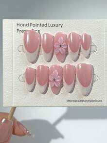 10片法式美甲贴纸，杏仁形，光泽保湿，带闪光粉，3D立体花卉装饰，简约精致，适合女孩日常及约会美甲，附赠果冻胶和指甲锉。 - 粉色 - 查看 2