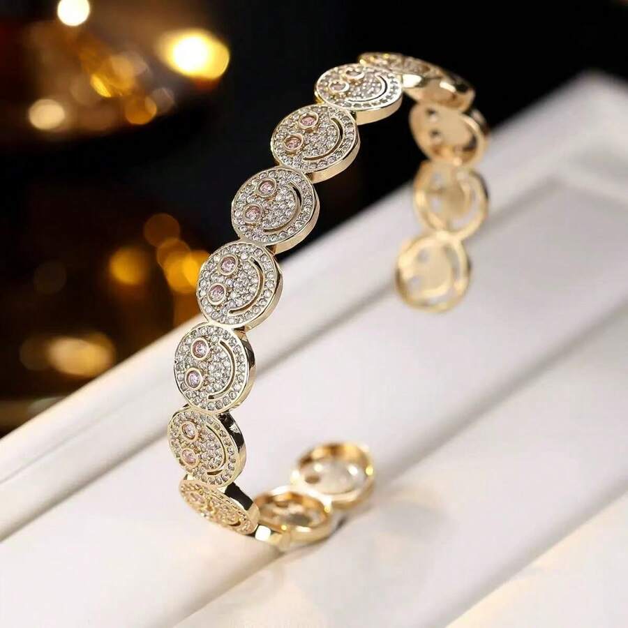 1 Stück modischer minimalistischer Herz-Kristall lächelndes Gesicht, kupfergoldplattierter kubischer Zirkonia Dekor, geeignet für Partywear