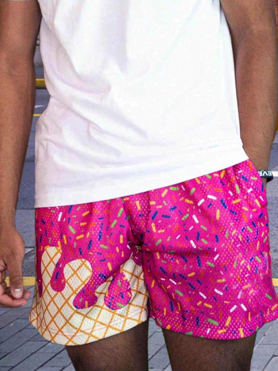 Fashion Baseball Life 101 Ice Cream Shorts - Breathable Polyester Quick-Drying Material, Machine Washable, With Pocket Drawstring, Suitable For Outdoor Sports And Casual Wear Summer Sportswear, Playful Design, Comfortable Fabric - 玫紅色 - 查看 1