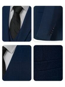 3pcs Men's Plaid Gentleman Suit Set Jacket Vest Pants Slim Suit Versatile For Casual Business Party Wedding Stage Show Blue Size XS-XXXL Fall Winter Clothes For Men - 霧霾藍 - 查看 8