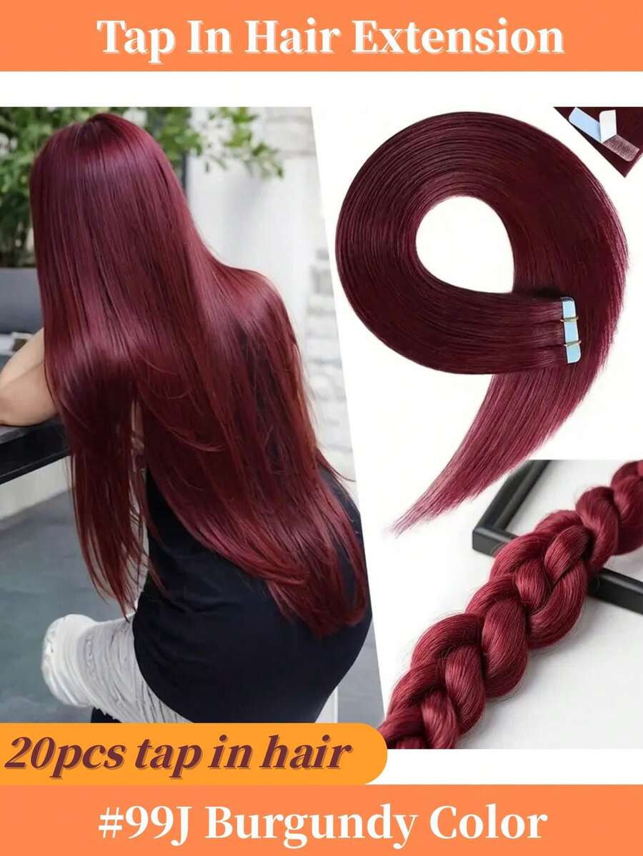 Tape In Hair Extensions Human Hair Invisible Tape In Extensions Real Hair Wine Red Extensions Glue In Human Hair Seamless Burgundy Extensions For Wedding Straight #99J - S99J - Xem 1