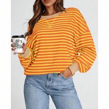 Womens Oversized Striped Sweatshirt Crewneck Long Sleeve Pullover Top Casual Y2K Spring Clothes 2026 Workout Shirt,Vacation Outfits Women,Valentine Outfits For Women,Street Photography - Yellow Orange - 查看 5