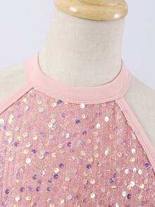 女童优雅纯色亮片网眼连衣裙，春夏 - 粉色 - 查看 3