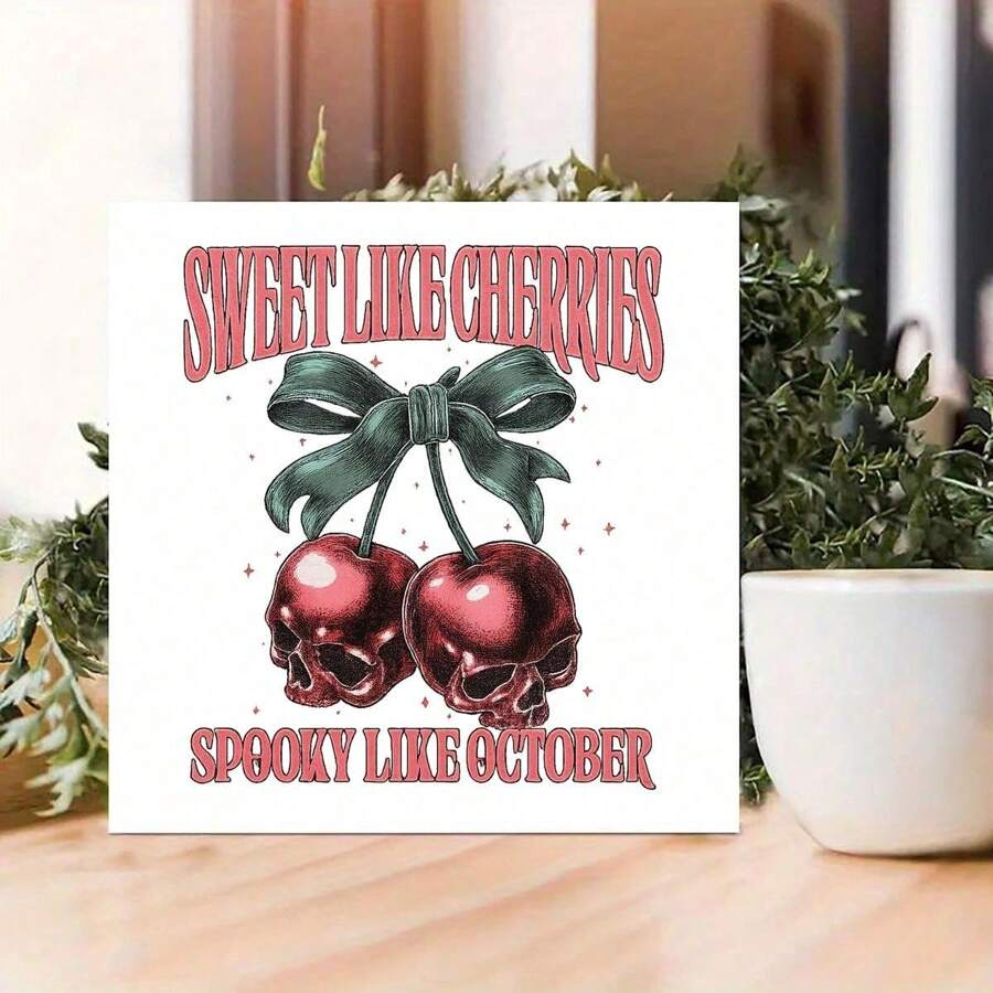 Decorative Sign Retro Sweet Like Cherries, Spooky Like October, Spooky Cherry Halloween Bow For Office Decor, Halloween Skull Cherry Png Design For Bedroom Wall Decor, Ideal As Birthday Gifts For Women And Unique Home Decor For Living Room, Perfect For Halloween And Birthday Celebrations