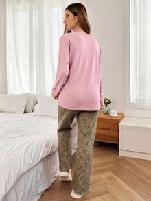 Mirano Slogan Print Short Sleeve Top & Cherry Pattern Long Pants Pajama Set - Lilac Purple - View 2
