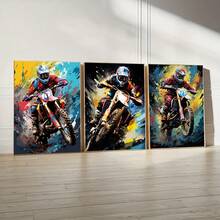 3 Juegos de Impresiones en Lienzo de Motocicleta Todo Terreno Dinámica - Arte de Pared Sin Marco Vibrante Adecuado para Dormitorios de Niños, Estilo Minimalista Moderno, Uso en Interiores, Orientación Vertical, Decoración de Motocicletas
