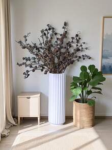 现代几何条纹塑料花瓶，高圆柱形装饰花瓶，适用于客厅、办公室、卧室、厨房、婚礼、农舍摆件落地式大花瓶高简约水培塑料仿陶瓷白黑色欧式家居干花插花客厅摆件北欧现代简约风格小花瓶节日礼物 - 彩色 - 查看 2