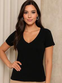 Women's V-Neck Blouse Short Sleeve Basic Tshirt Blouse - Black - View 1
