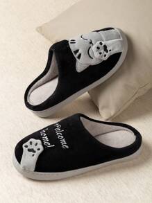 迷你（建议购买大一码）针织室内拖鞋，包头，可爱卡通猫咪图案，温暖毛绒，防滑，男女适用，秋冬 - 黑色 - 查看 3